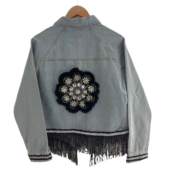 BAJJARI Fashion Denim Jacket for Women with Crystal Stones and Fur Design - Picture 3 of 4